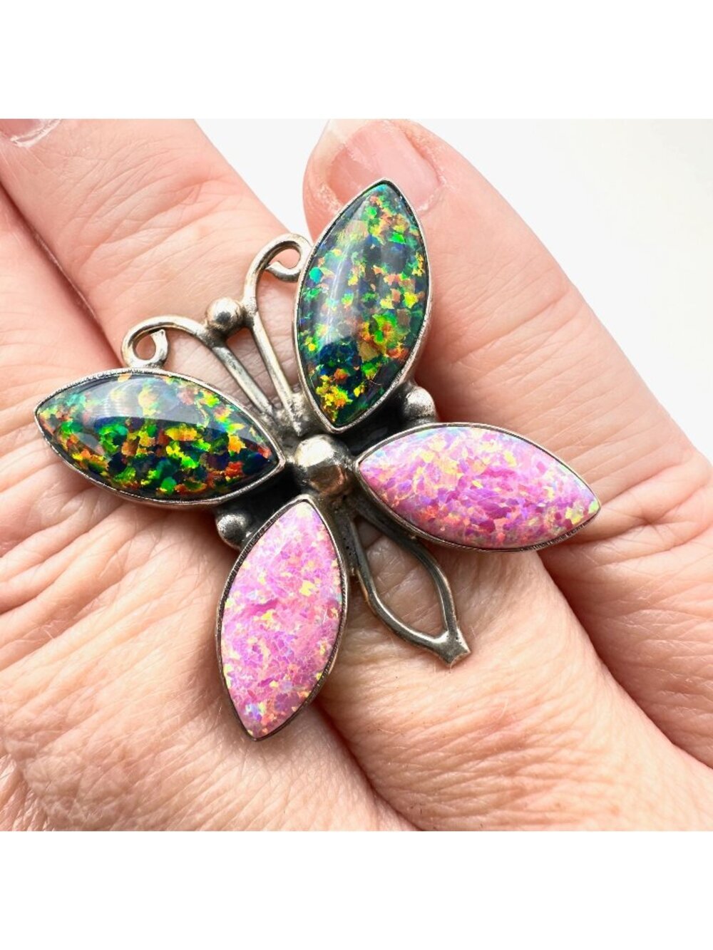 Sterling Silver Pink Opal Gemstone Butterfly Ring Adjustable Size Womens